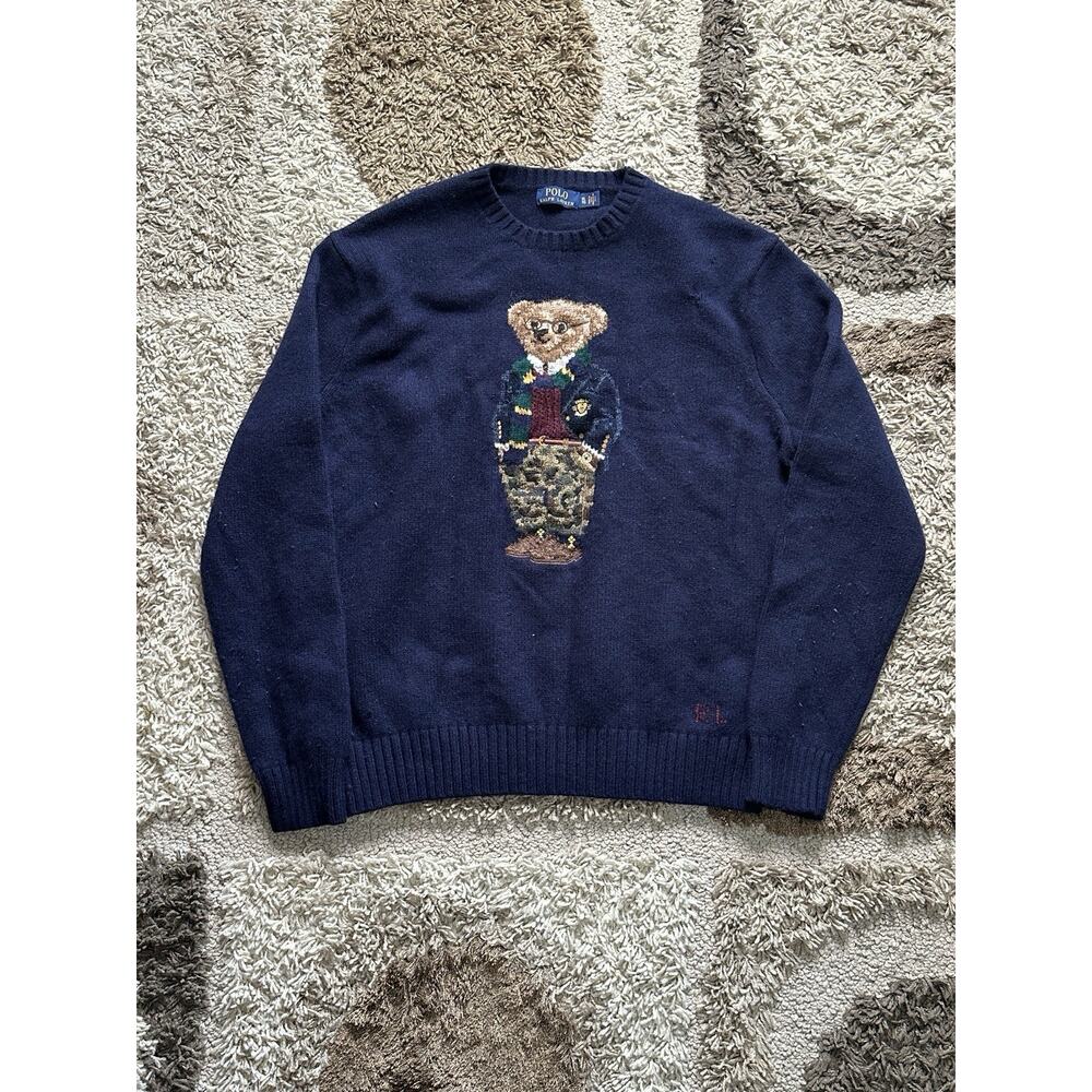 Polo Ralph Lauren Men's Knit BEAR Character Pullover Sweater Navy Blue XL